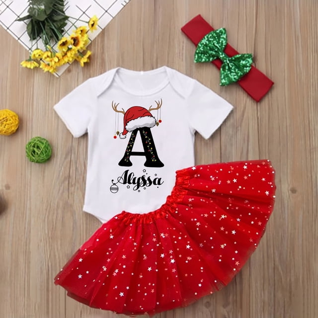 Conjunto de mono y vestido navideño personalizado para niña con letras y nombre, vestidos de tutú rojo y mono de niña