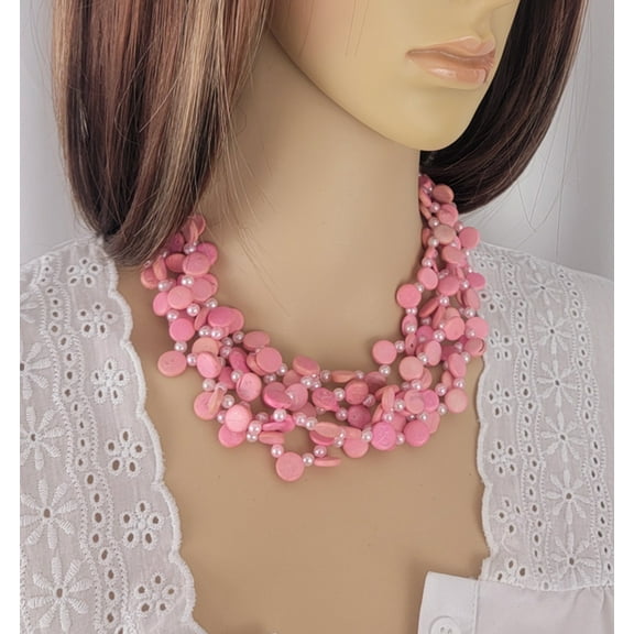 Multi Strand Light Pastel Pink Faux Pearl Wood Disc Beaded Layered Necklace 18" Womens Adult