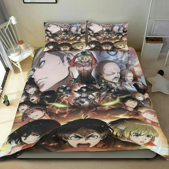 Attack on Titan thin bedding set has an iconic print,One duvet cover and two pillowcases.35" x 75"（90*190cm）