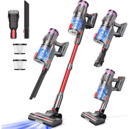 Cordless Vacuum Cleaner Self-Standing Stick Vacuum with LED Display Suction Rechargeable Vacuum for & Hardwood Floors Lightweight Vacuum for & Dorm-RED