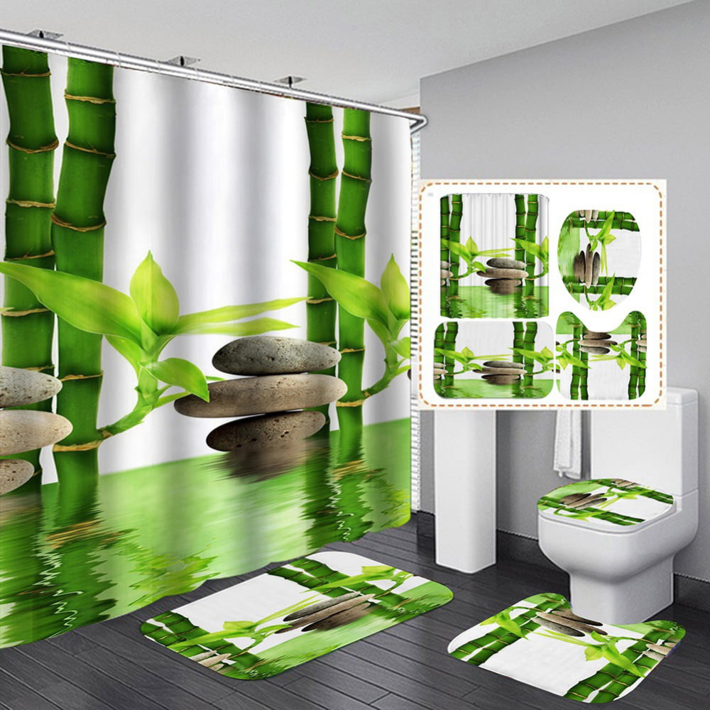 Spa Stones Garden with Water Bamboo Zen Shower Curtain Set for Bathroom Decor 