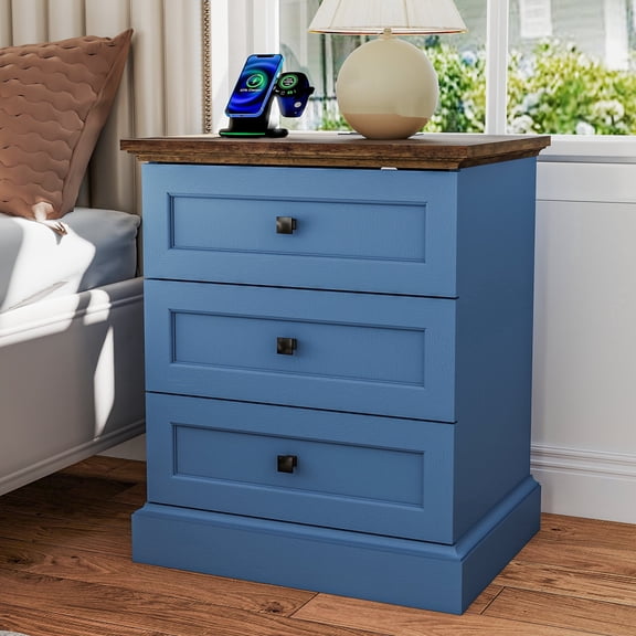 FIAKOA Farmhouse Night Stand with Charging Station, Rustic Bed Side Table w/ 3 Drawers for Livingroom, Blue