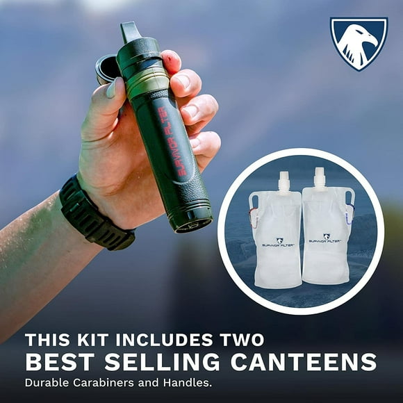 Survivor Filter Squeeze Water Filter Kit – Incluye pajita de filtro de agua personal y 2 cantinas plegables de botellas de agua Survivor Filter Survivor Filter