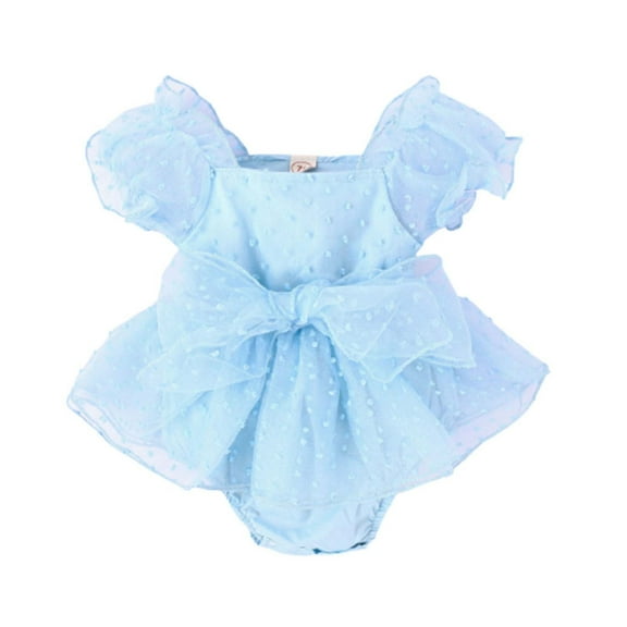 REORIAFEE Newborn Baby Girl Clothes Infant Summer Outfits Travel Outfit Baby Girls Summer Cute Embroidery Bowknot Jumpsuit Mesh Princess Puff Sleeve Jumpsuit Blue 12-18 Months