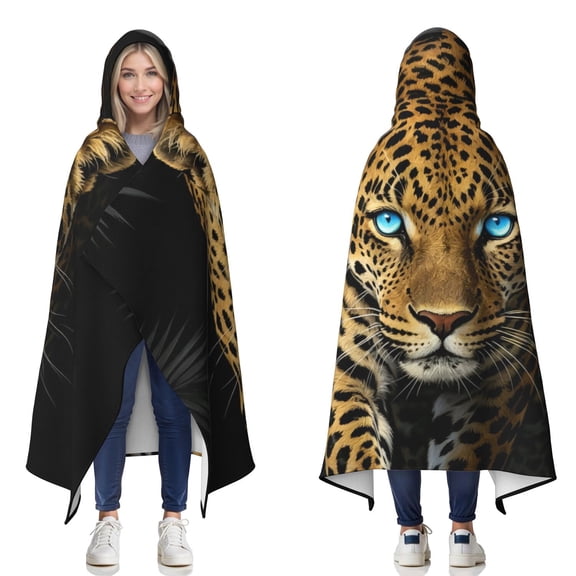 Cool Leopard Wearable Blanket Hoodies for Women Men Adults Warm Lightweight Bright Blue Eyes Leopards Hooded Blankets for Couch Bed Decor Birthday Gifts 50x60 Inch