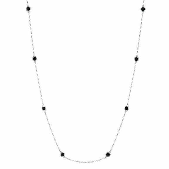 925 Sterling Silver 3MM Station 16" Chain Necklace With Round Black Onyx Jewelry