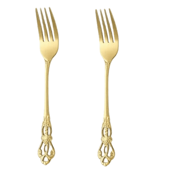 Homlyo 2Pcs Ornate Vintage Gold Stainless Steel Dinner Forks, Elegant Silverware Forks for Kitchen Dining Dessert Salad Use