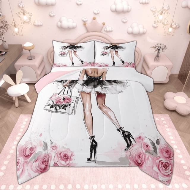Manfei Ensemble de Douillette Mode Dessin Animé pour Fille, Ensemble de Douillette Simple avec Belle Robe pour Princesse, Ensemble de Literie à Fleurs Roses, Déco de Chambre Super Douillette, 2 Pcs Réversible