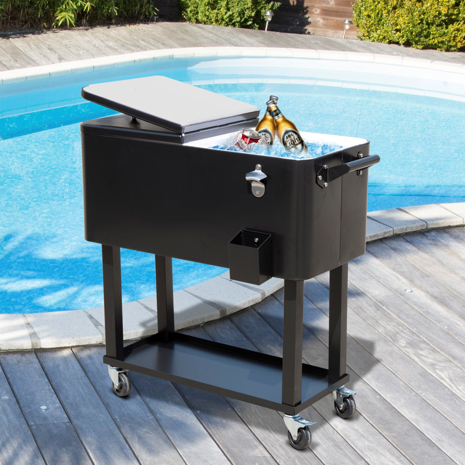 80 QT Rolling Cooling Bins Ice Chest on Wheels, Outdoor Stand-Up Drink Cooler Cart for Parties, Backyard, Poolside