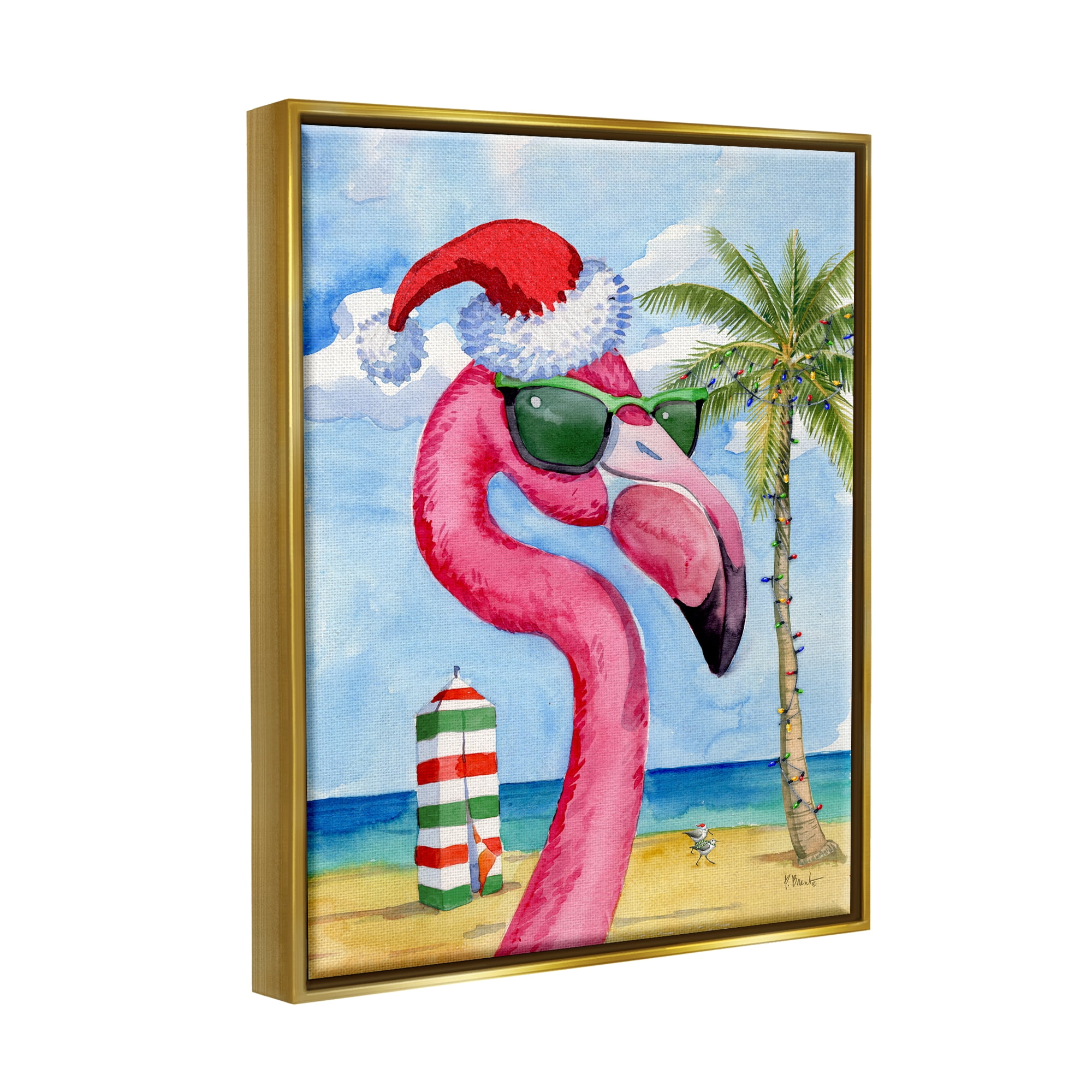 Stupell Industries Flamingo Tropical Christmas Holiday Painting Gold Floater Framed Art Print Wall Art, 25 x 31