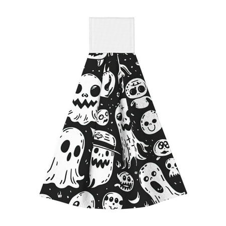 

Adobk Black White Spooky Ghosts Print Coral Velvet Hand Wipes Fashion Hanging Kitchen Towel for Bathroom Washcloth Absorbent Tie Towel