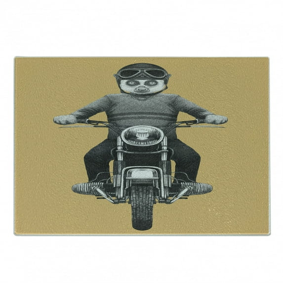Lemur Cutting Board, Tropical Monkey Riding a Scooter Striped Pullover Casque Graphic Print, Decorative Tempered Glass Cutting and Serving Board, in 3 Sizes, by Ambesonne
