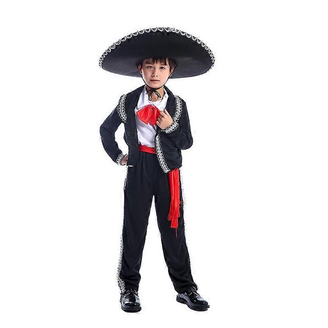 mariachi-amigo children festival party suits dancing performance stage outfits for theme party Niño con disfraz de mariachi negro en vista frontal: chaqueta corta y pantalón recto con pasamanería blanca, pañuelo rojo en el cuello, fajín rojo a la cintura y amplio sombrero charro, postura de baile lista; también suele usarse como disfraz para presentaciones escolares o fiestas temáticas.