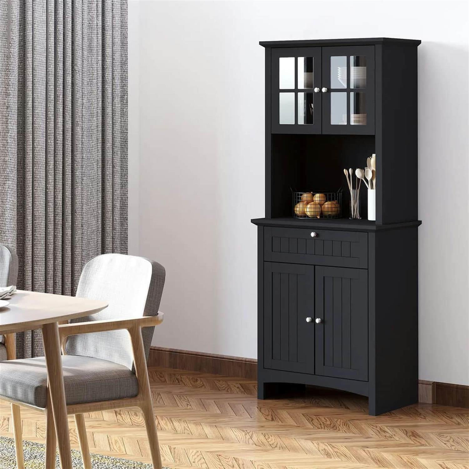 Demi Bonn 64" Modern Buffet Hutch, Kitchen Pantry Storage Cabinet with Glass Door & Drawer, Microwave Compartment for Dining Room, Home Storage, Black