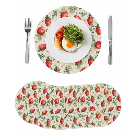 Red Strawberry Round 13 Inch Placemats Set of 6, Summer Fruits Farmhouse Leaves Floral Retro HeatResistant Non Slip Place Mats for Dining Table, Wipeable Braided Kitchen Table Mats for Housewarming