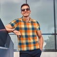 thumbnail image 4 of Balery Warm Orange Plaid Camisa Polo de Hombre con Estampado, de Manga Corta y Tejido Medio, Camisa Tipo Golf Polo-X-Large, 4 of 6