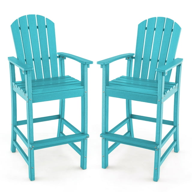 Gymax Set Of 2 Outdoor HDPE Bar Height Stool Patio Tall Chair Armrest Footrest All Weather Turquoise