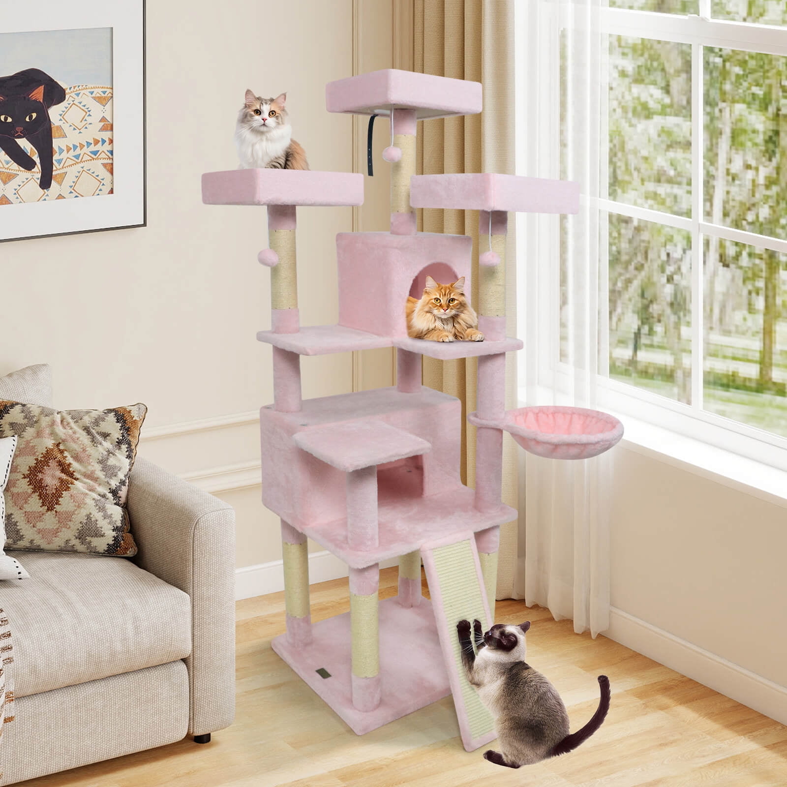 Costway 65” Tall Multi-level Cat Tree with 3 Upholstered Top Perch 2 Cat Condos Cat Basket Pink