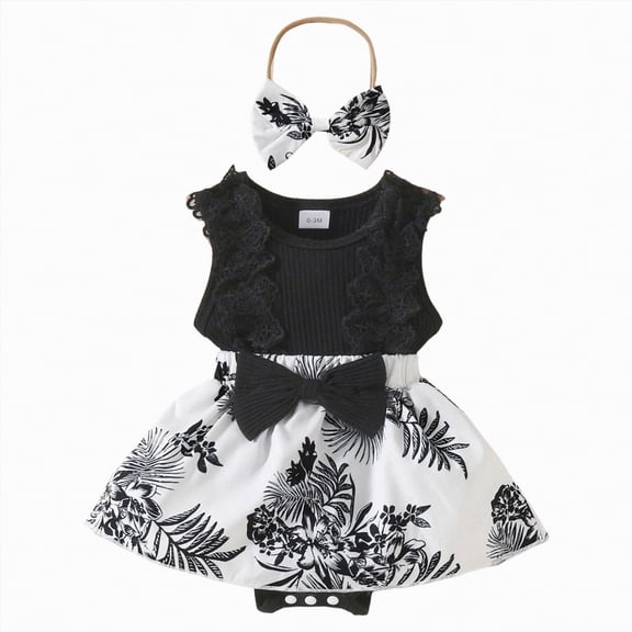 CAICJ98 Baby Girl Clothes Infant Lace Ruffle Sleeveless Summer Outfits Newborn Romper Dress with Headband (3-6 Months,Black)