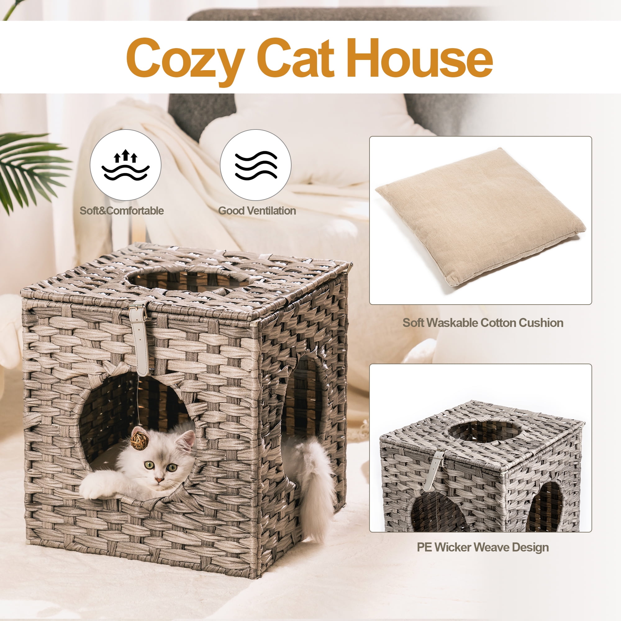Canddidliike Rattan Cube Cat Bed with Rattan Ball and Mats in Grey Canddidliike Rattan Cube Cat Bed with Rattan Ball and Mats in Grey