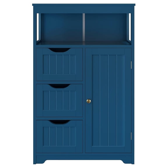 Wood Bathroom Floor Cabinet, Free Standing Storage Cabinet with 3 Drawers and Cupboard for Hallway/Entryway/Living Room Accent Furniture, Navy Blue