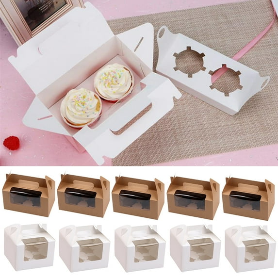 SPRING PARK 10Pcs 2/4 Cupcakes Premium Cupcake Carrier with Handle Removable Inserts and Window, Kraft Pastry Muffin Holders for Bakery Wrapping Party Favor Packing