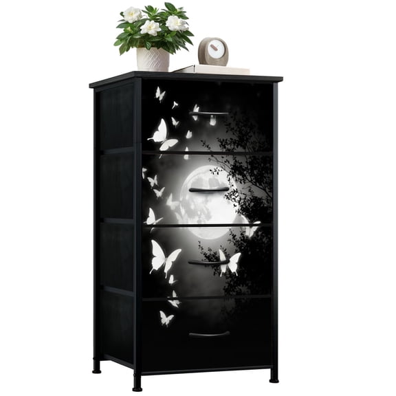 Dark Academia Dresser for Bedroom with 4 Storage Drawers Dark Gothic Creepy Dark Moody Butterflies Castle moon Dressers Chest of Drawers Steel Framed Fabric Closet Organizers for Dorm Entryway
