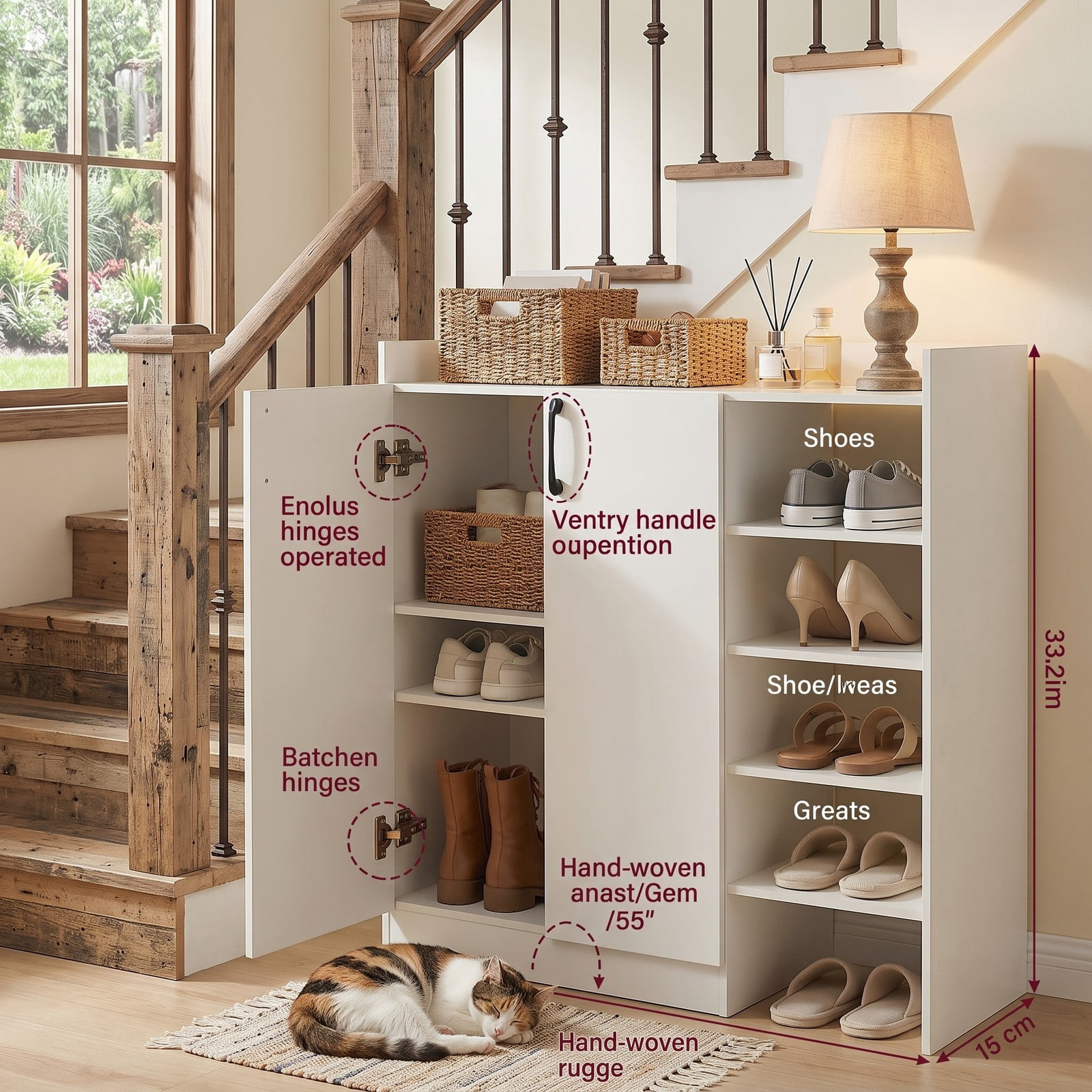 Furnibear 2-Door Shoe Cabinet with 2 Adjustable Inner Shelves and Open Side Shelves for Entryway Closet and Living Room, White