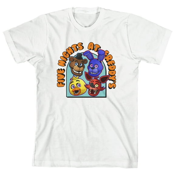 Five Nights At Freddy's Character Heads Arch Text Crew Neck Short Sleeve Boy's White T-shirt-Medium