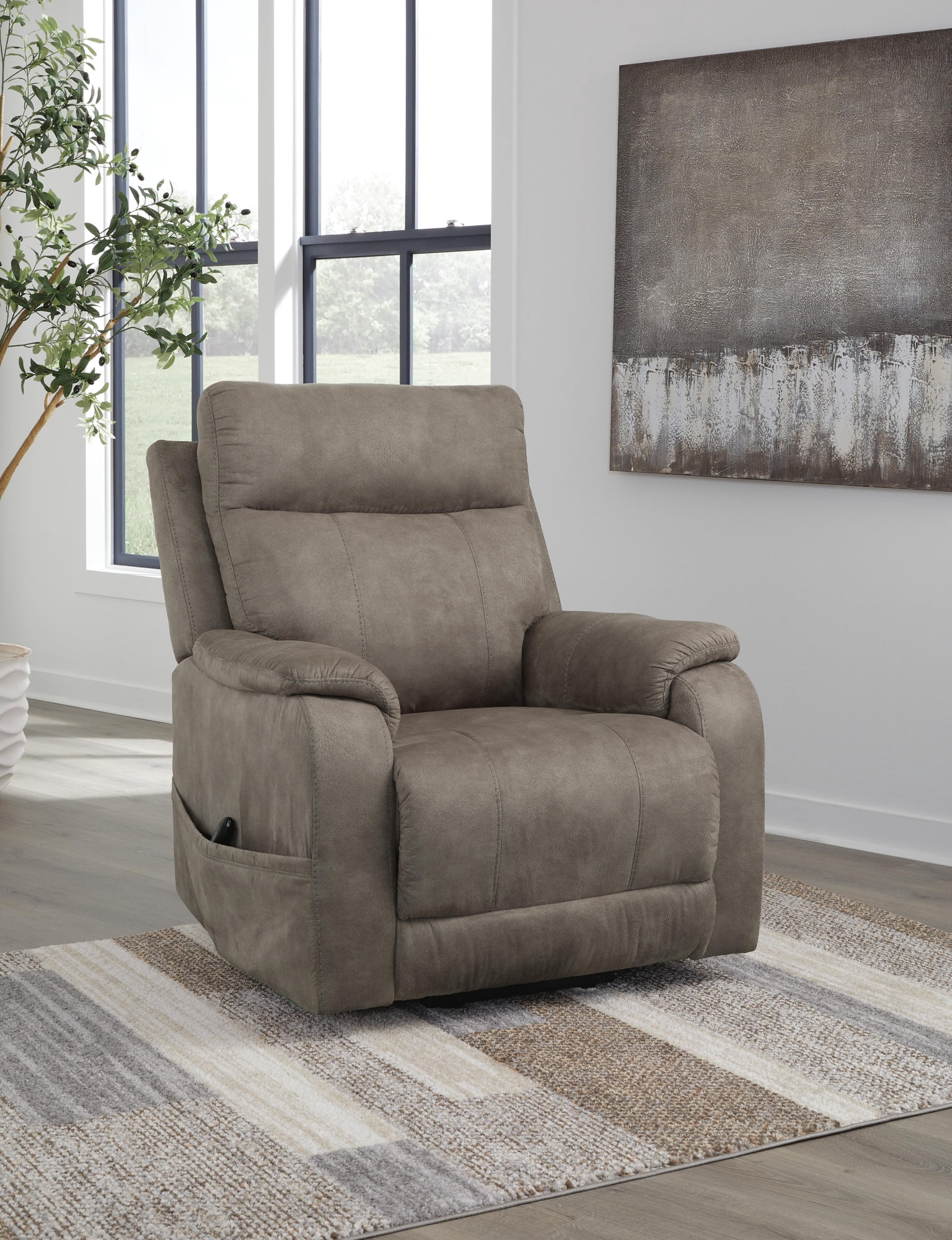 Signature Design by Ashley Crestmeade Power Lift Recliner Chair with Heat, Massage, USB Charging - Fossil Gray Faux Leather Electric Lift Chair