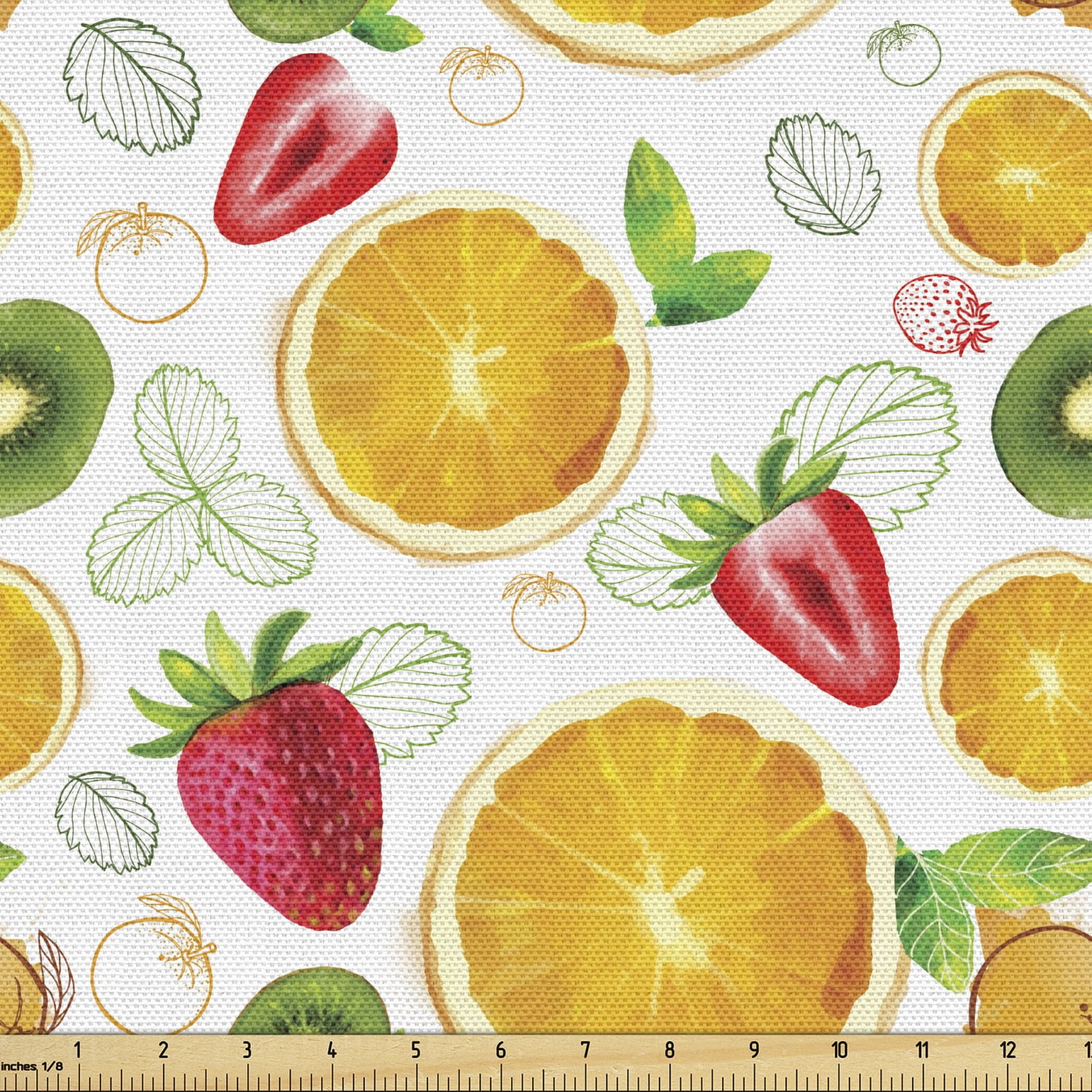 Fruits Fabric by the Yard, Citrus Kiwi Lemon Leaves Apricot Watermelon Fresh Exotic Kitchen