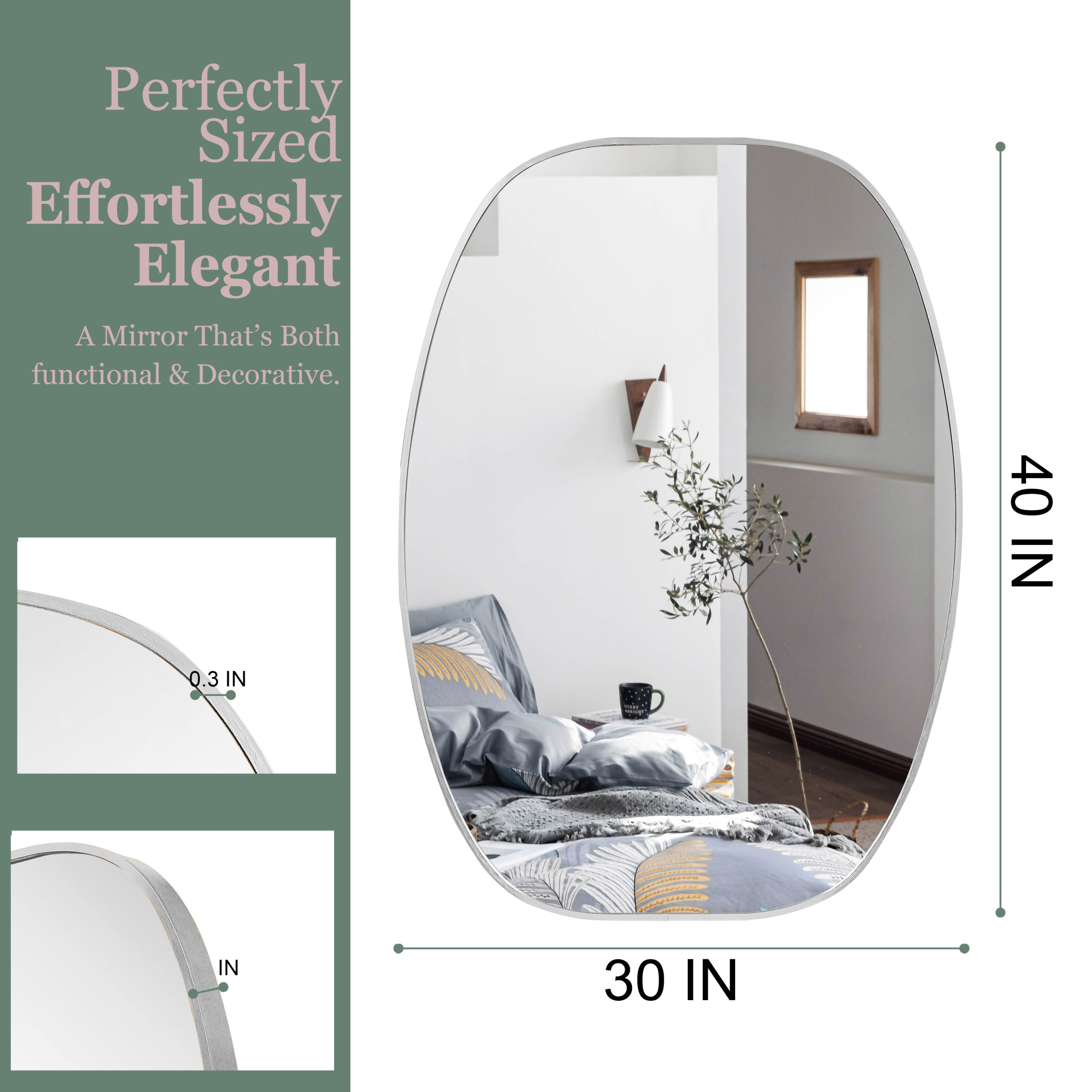 Noble House 30"x40" Unique Metal Framed Oval Wall Mirror, Modern Oblong Vanity Mirror for Bathroom & Entryway, Silver