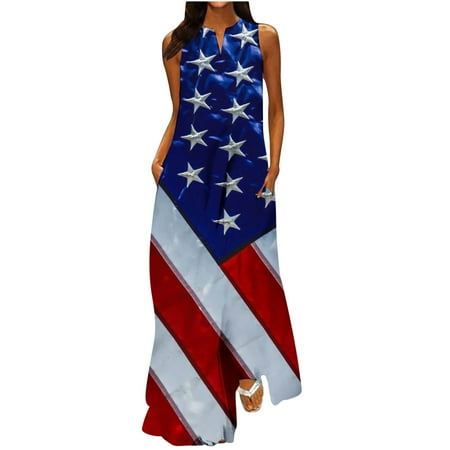 

Leesechin Deals Womens Skirts Maxi Dresses Off Shoulder Loose V-Neck Independence Day Printing Dresses Summer Sleeveless Pullover Dress on Clearance