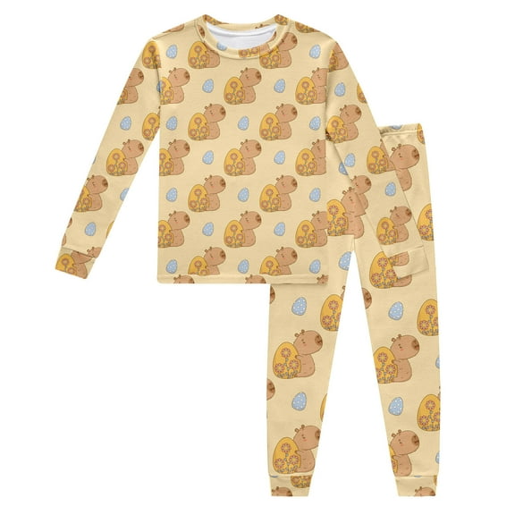 SonxaHe Toddler Girl's Outfit Long Sleeve Cute Capybara Print Tshirt Pants Kids Sleepwear Soft Comfy Outfit Set Yellow,Sized 2-3