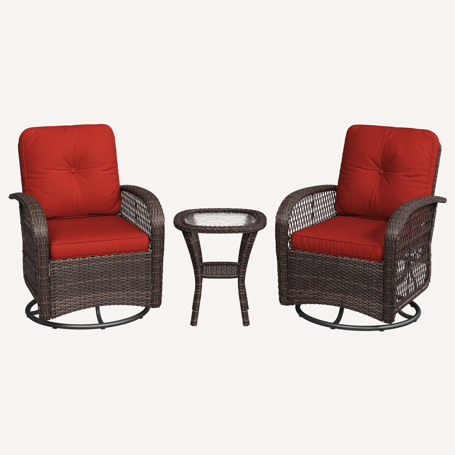 BaPiPro 3 Piece Red Outdoor Swivel Rocker Wicker Patio Furniture Set, All-Weather Resistant Rattan Conversation Set with Cushions & Tempered Glass Side Table for Porch, Deck, Backyard
