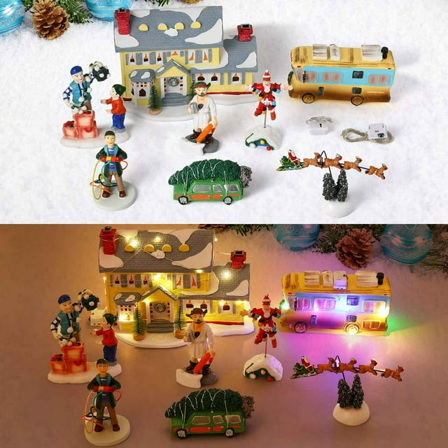 HAOAN Christmas Village Houses Set Decorations - LED Lights Christmas Collection Figurines Buildings Desktop Ornaments for Christmas Decorations Landscape Decor Snow Village Displays