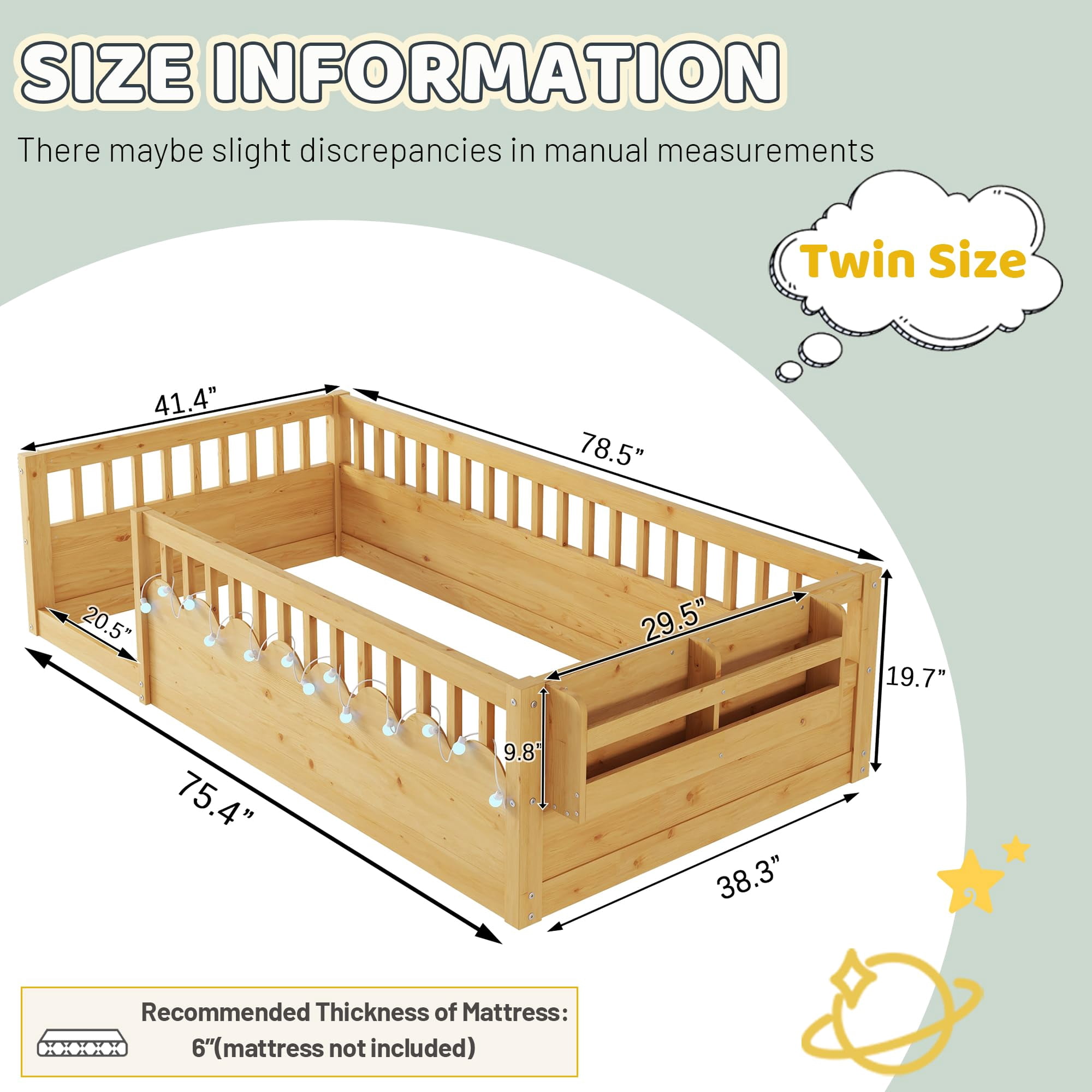 Mirightone Twin Montessori Bed with Rails and Storage Shelf, Wood Twin Floor Beds Frame with Light, Natural