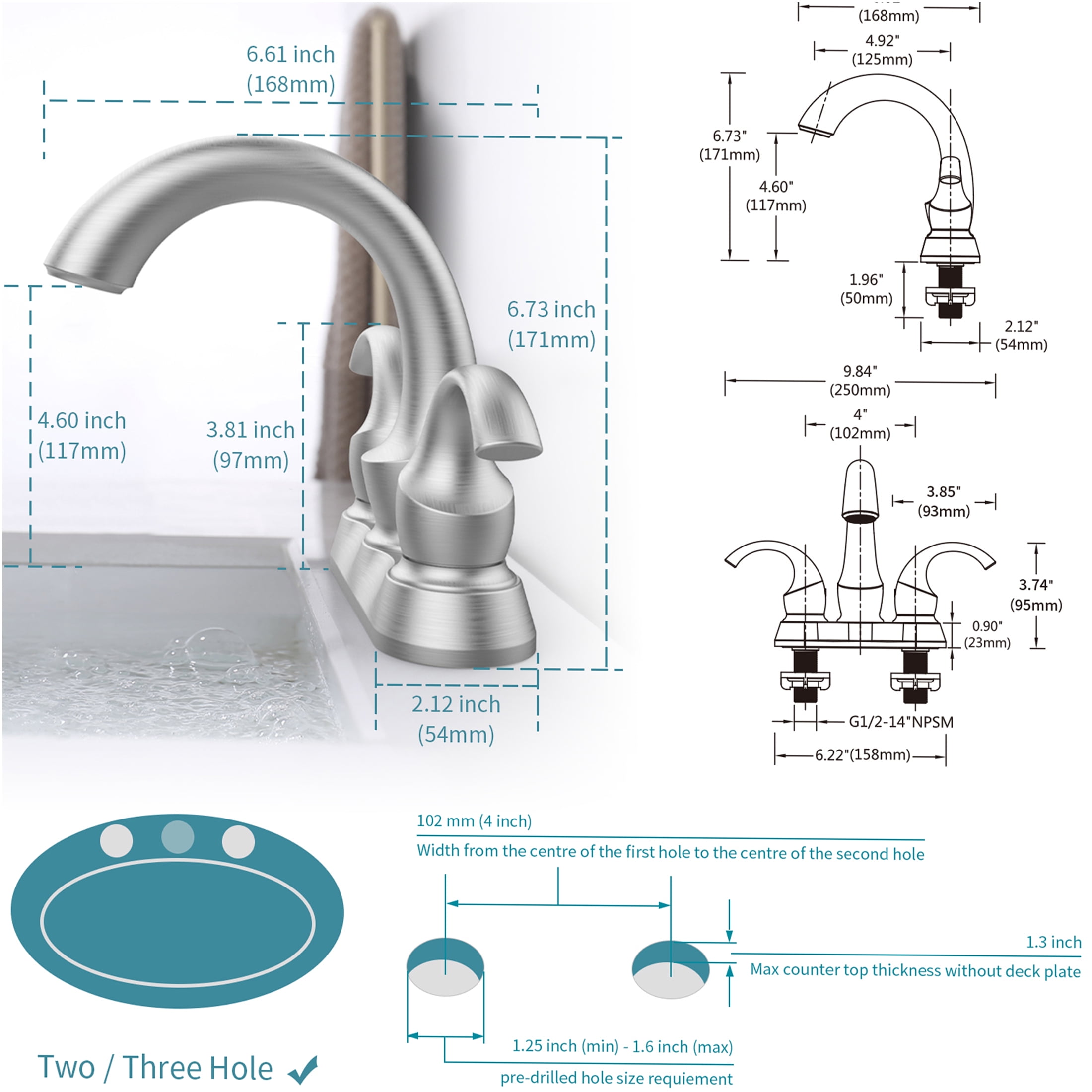 JERFIT 4-inch Centerset Bathroom Faucet, 2-Handle Brushed Nickel Vanity Sink Faucet with Pop-Up Drain, Water-Saving Aerator, Deck Mount Modern Swan Spout