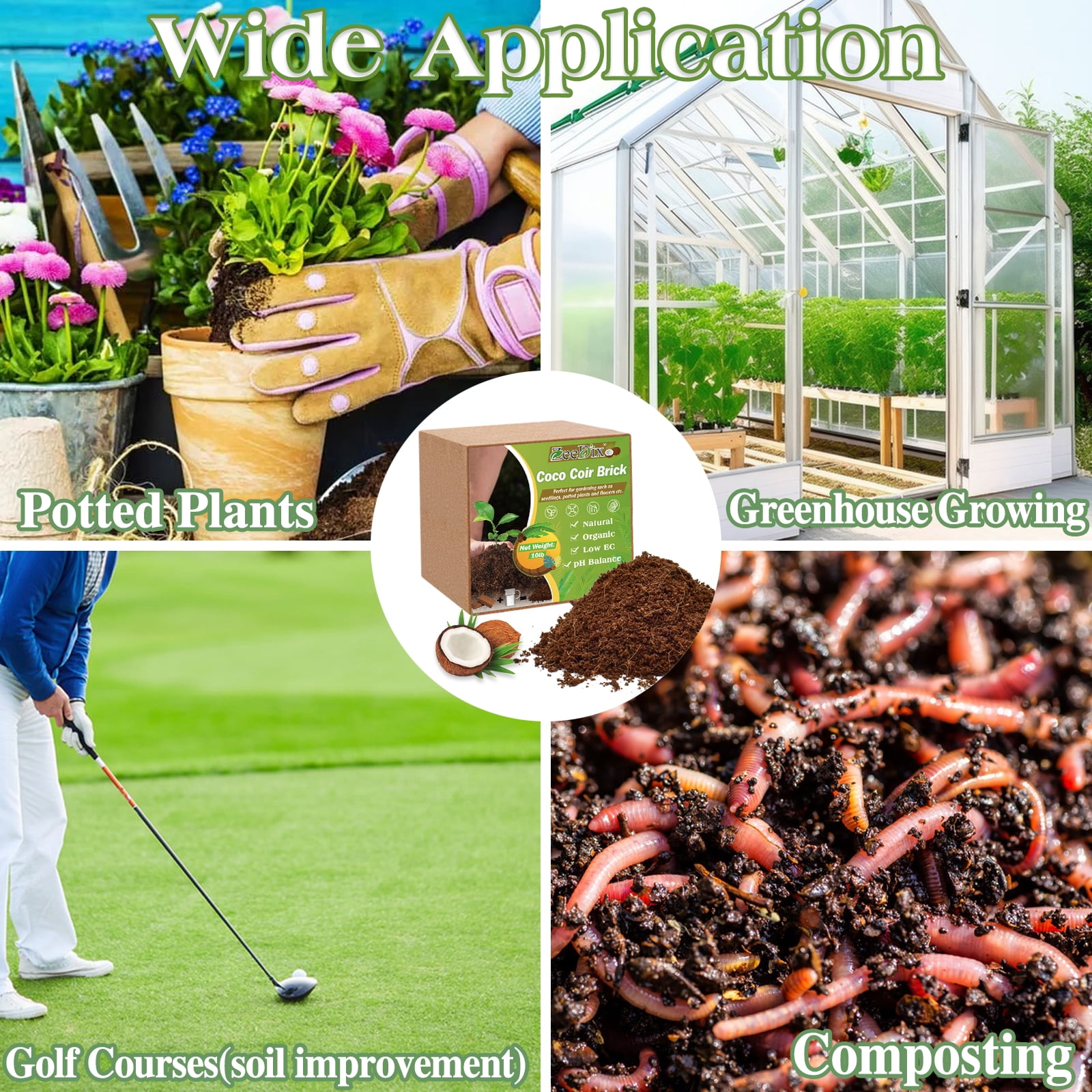 ZeeDix 10lb of  100% Organic Coco Coir Bricks with Low EC and pH Balance High Expansion Coco Fiber for Herbs, Flowers,Plants Gardening Renewable Coconut Soil