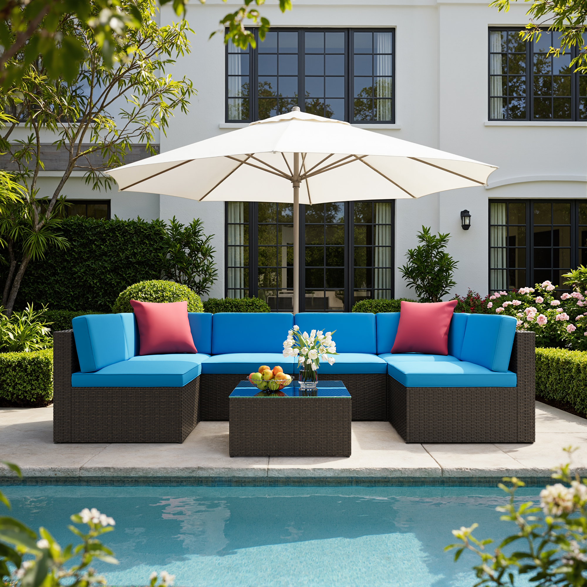 Lacoo 7 PCS Patio Outdoor Furniture Wicker Sectional Sofa with Cushion, Blue