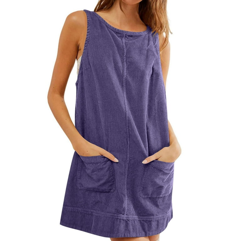 Successthop Corduroy Dress Women Sleeveless Backless Mini Clothes Ladies Crewneck Summer Holiday Dresses with Pocket M, Women's, Size: Medium, Purple