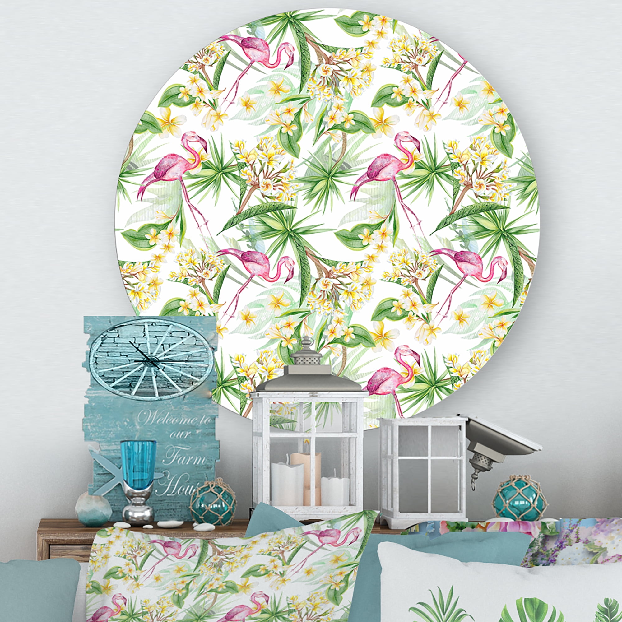 Designart 'Yellow Flowers, Tropical Foliage With Flamingo IV' Modern Circle Metal Wall Art 11x11 - Disc of 11