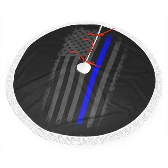 Christmas Tree Skirt Retro Thin Blue Line Flag Xmas Tree Skirt with Tassels Christmas Holiday Decoration 30"