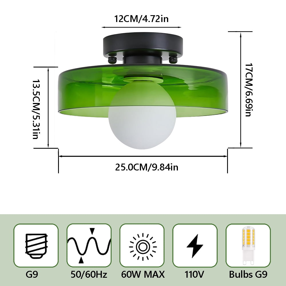 Mid-Century Modern Semi Flush Mount Ceiling Light, Kitchen Ceiling Light Fixture with Glass Shade,Vintage Close to Ceiling Lamp for Entryway Hallway Bathroom