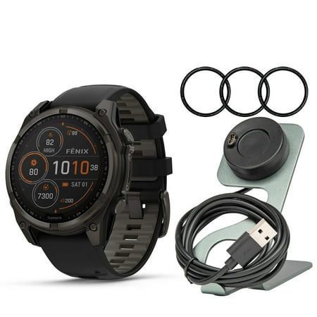 Garmin Fenix 8 Sapphire Solar 51mm Smartwatch (Black and Pebble Gray) Bundle with Focus Camera Charger Stand and Focus Screen Protector (3 Items)