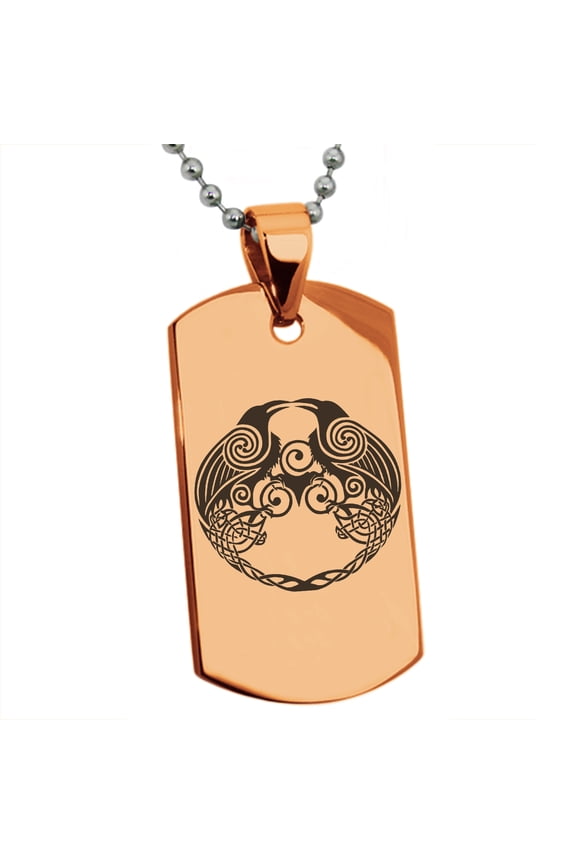 Stainless Steel Yggdrasil Huginn & Muninn Odin's Ravens Engraved Dog Tag Pendant Necklace