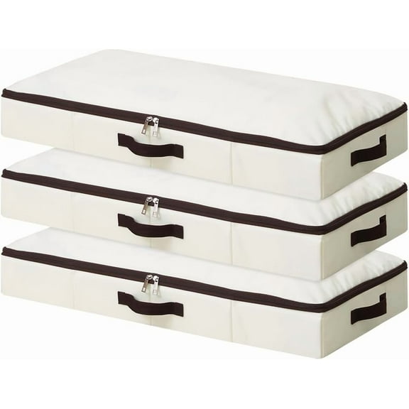 3 Pack 4inch Underbed Storage Bins, Under Bed Storage Containers with Zippers for Blanket, Pillows, Comforters & Quilts, Beige