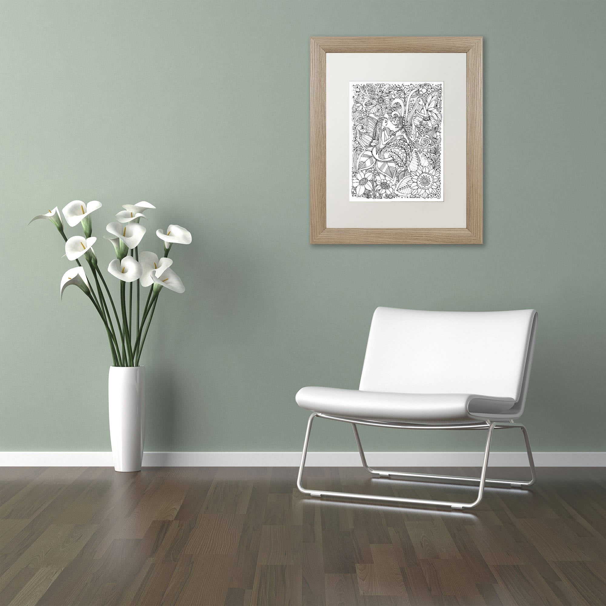 Trademark Fine Art "Fairies and Woodland Creatures 4" Canvas Art by KCDoodleArt White Matte, Birch Frame