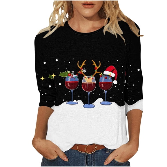 Bcresic Womens 3/4 Sleeve Tops Red Wine Glass Graphic Shirts for Christmas Trending Santa Hats Elk Print Tshirts Crewneck Tunic Tops Casual Comfy Xmas Clothing Cute Holiday Pullover,01A_Black,Large