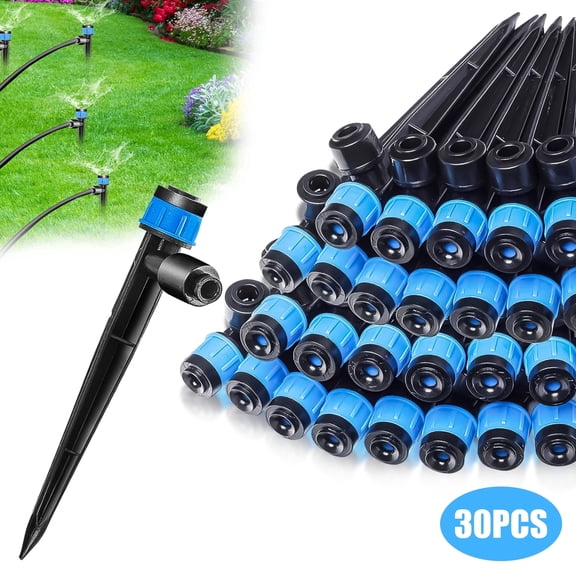 Lingsida 30pcs Drip Irrigation Emitters, Adjustable 360 Degree Water Flow Drippers Sprayer for 1/4" Tubing, Push-to-Connect Drip Emitters Vortex on 5.5" Stake for Irrigation System